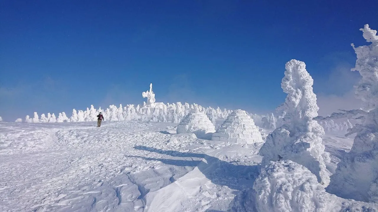 雪山に並ぶイグルーと樹氷